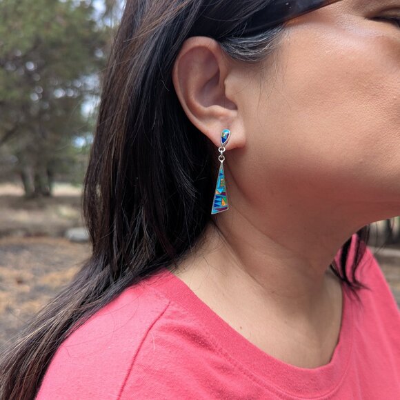 Handmade Native American Multi-Stones Dangle Earrings Sterling Silver Jewelry ** - Picture 7 of 11
